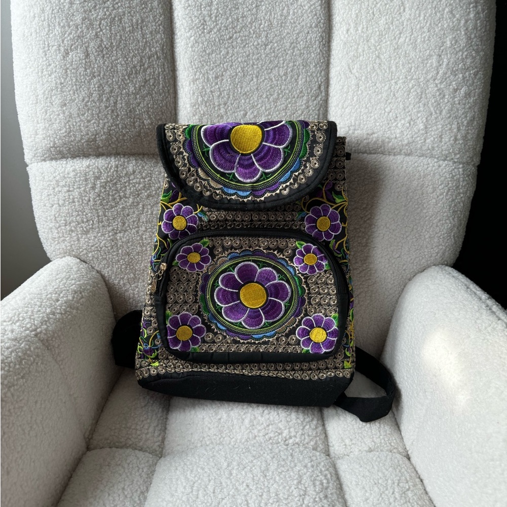 Embroidered Floral Backpack - Black and Purple